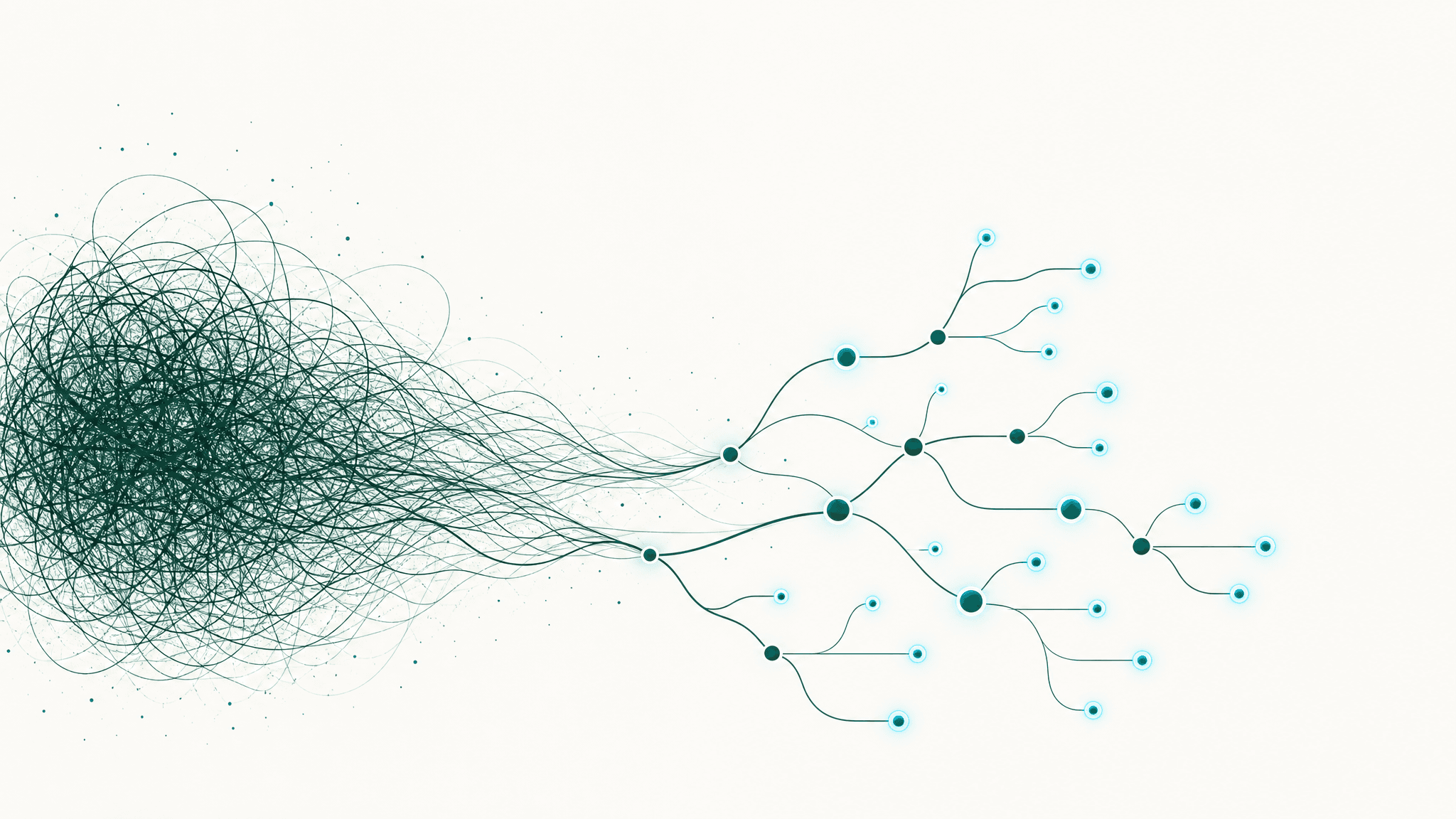 A tangle of lines resolving into a clear branching map of glowing nodes